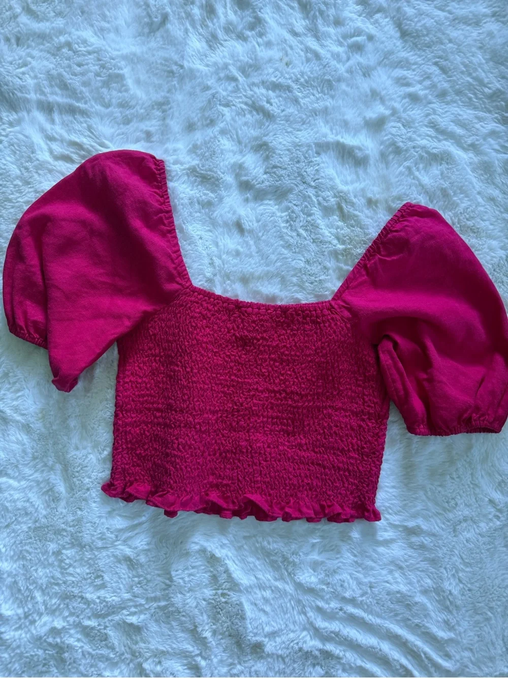 Linen Blend Off-Shoulder Smocked Crop & Midi Skirt Set in Fuchsia Pink